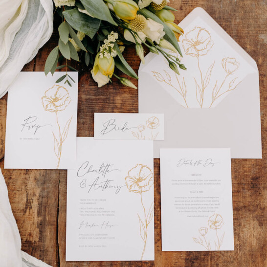 simple elegant wedding invites with hand-drawn poppy printed on recycled cotton at Measham Farm