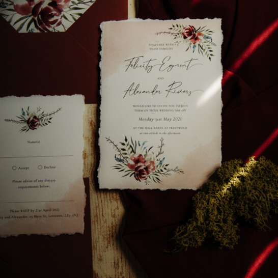 Simple Elegant wedding invites watercolour floral plum and foliage wedding invitation set at The Hall Barns Prestwold