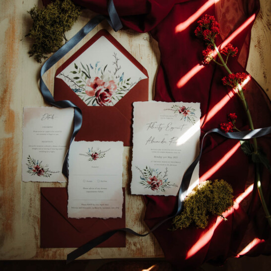 Elegant watercolour floral plum and foliage wedding invitation set at The Hall Barns Prestwold