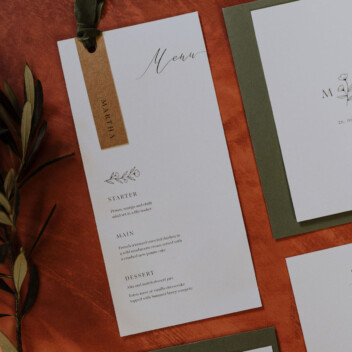 simple elegant wedding invites and wedding menu printed on recycled paper