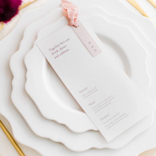 simple elegant wedding menu. Typographic menu with pink silk ribbon