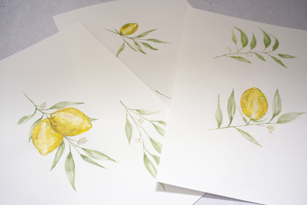 Watercolour painting of lemon vines for a vegan Tuscan styled wedding.