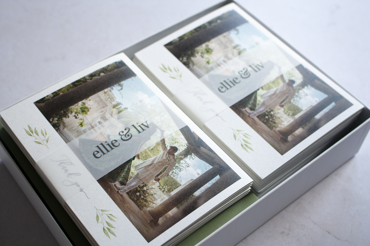 Vegan print wedding thank you cards. Vegan wedding stationery. Printed with plant based vegan ink.