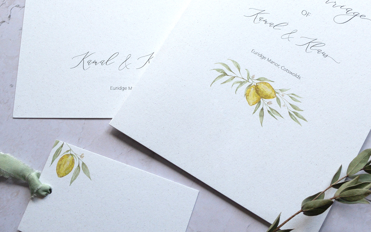 Vegan on the Day wedding stationery. Printed with vegan plant based ink and on vegan paper. Vegan bamboo ribbon