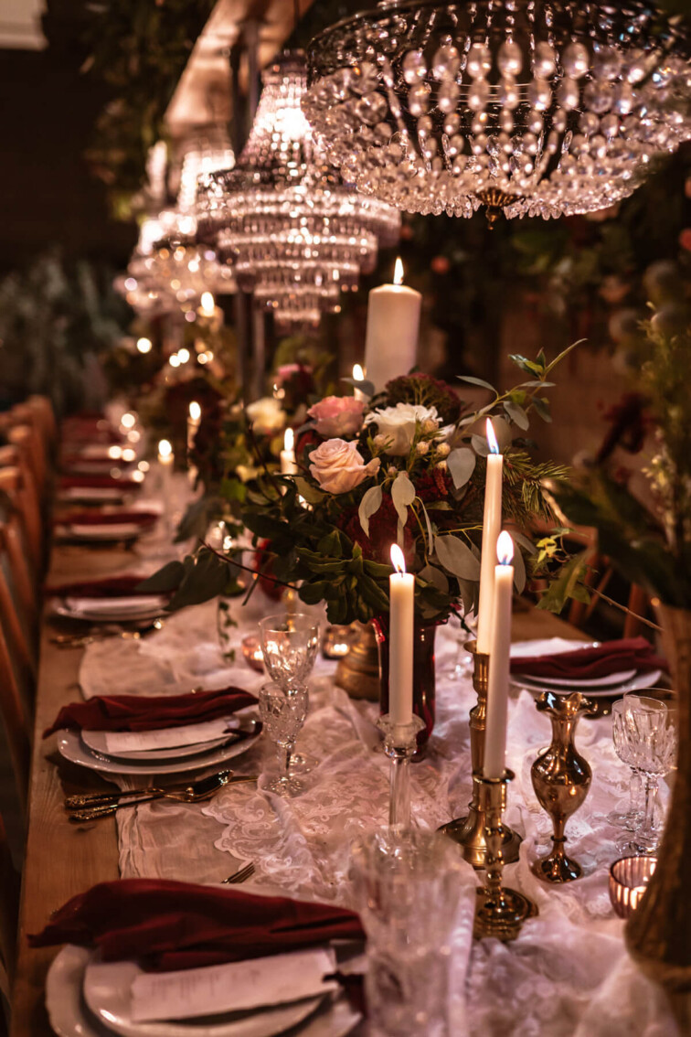 Winter Wedding Breakfast Table. Wedding tables cape with winter florals and chandeliers