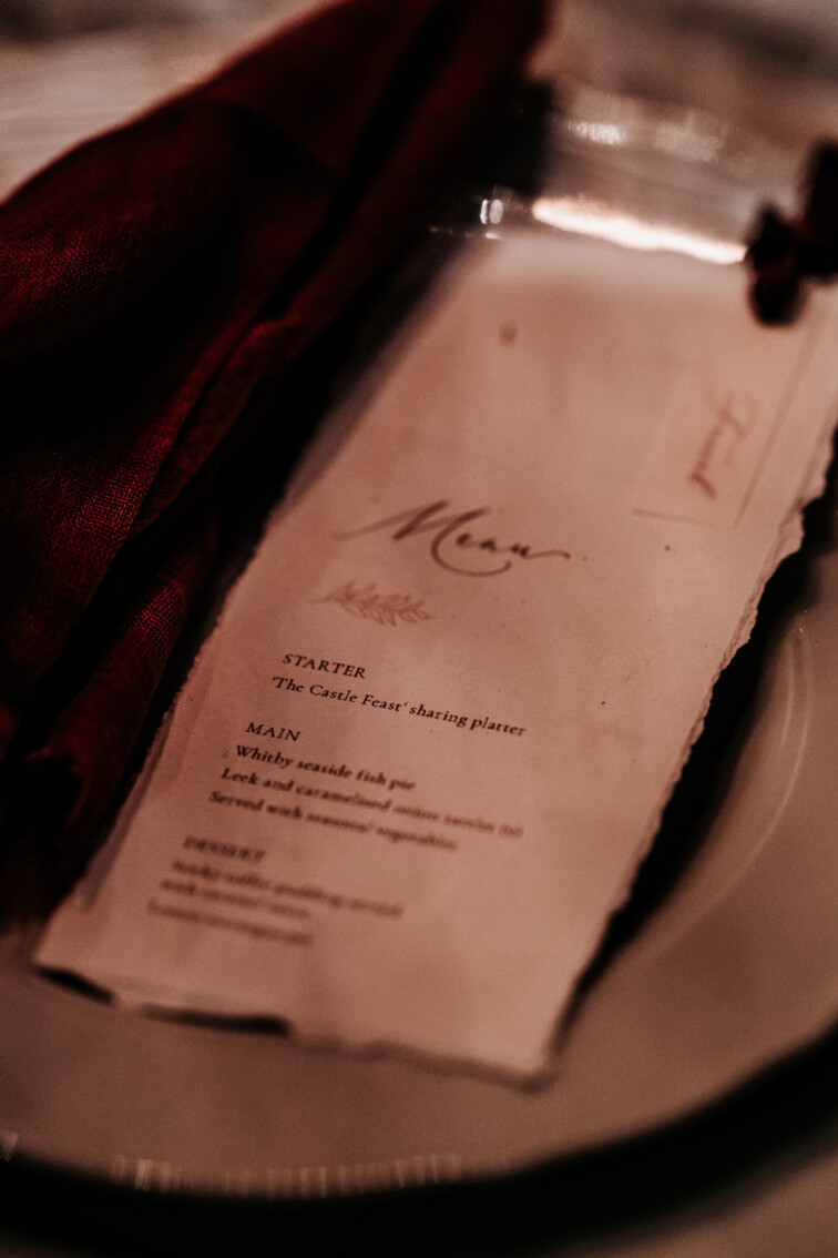 Wedding Menu printed on 100% recycled paper with vellum place name. Hand-torn wedding menu.