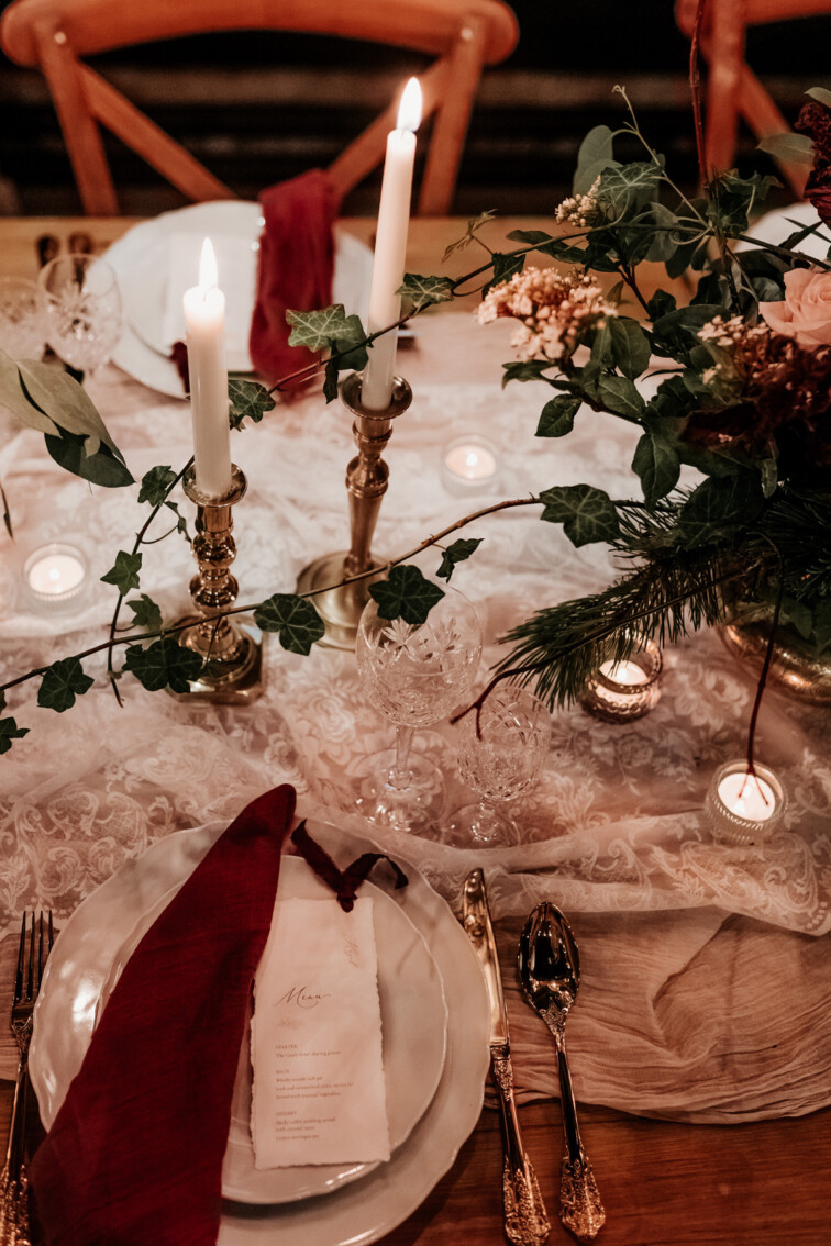 Winter wedding tablescape with wedding menu.