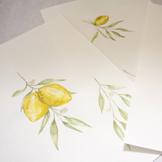 hand painted Water colour lemons for Tuscany bespoke wedding invitations and on the day stationery