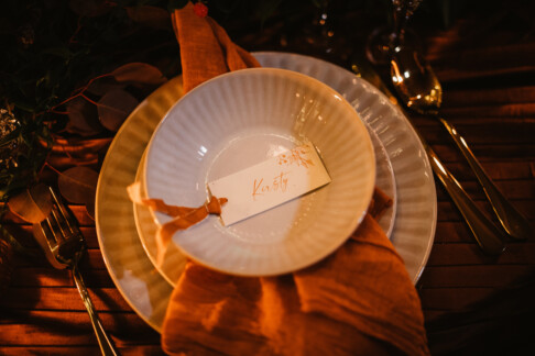 Seeded paper place name with vegan bamboo silk ribbon. Plantable wedding stationery