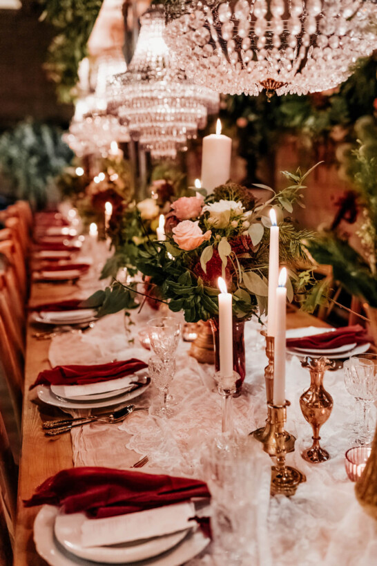 Sneaton Castle whitby elegant vintage wedding table crystal chandeliers with recycled paper wedding menu