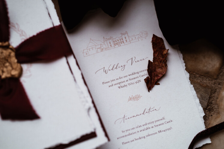 Detail of bespoke wedding invites with hand-drawn illustration of Sneaton Castle Whitby