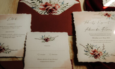 Hand torn wedding invitation printed on cotton and recycled paper. Gothic wedding stationery, boho wedding stationery. Hall Barns Prestwold