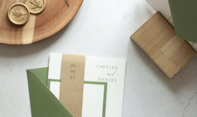 collated wedding invitations printed on recycled paper with sustainable finishings