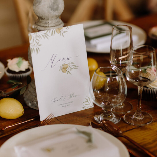 Lemon watercolour bespoke wedding stationery. Vegan wedding menu printed on vegan-paper