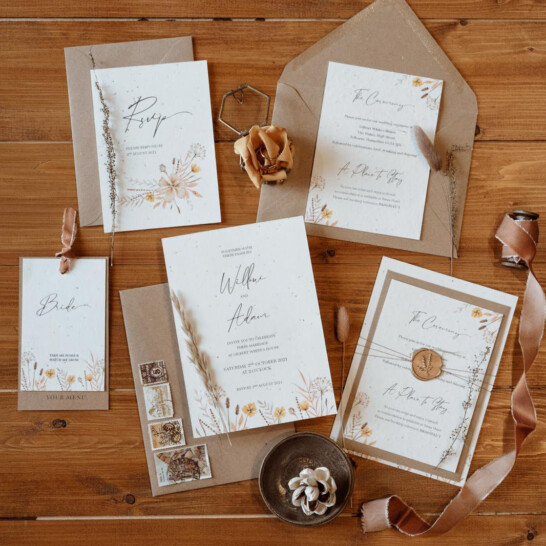 Seeded paper wedding invitation, Plantable wedding invitation. Autumn Wedding at Gilbert White barn