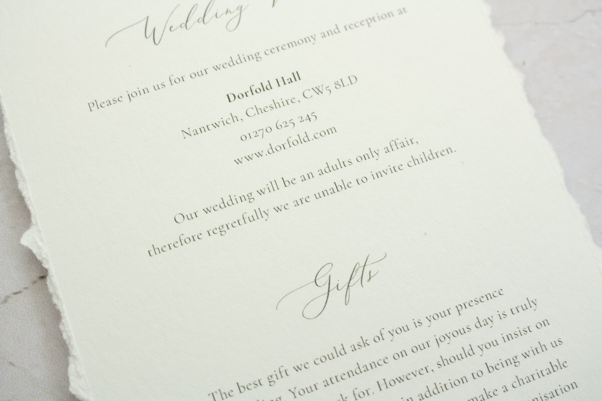 No Children Wedding wording on your invitation. Hand torn invite.