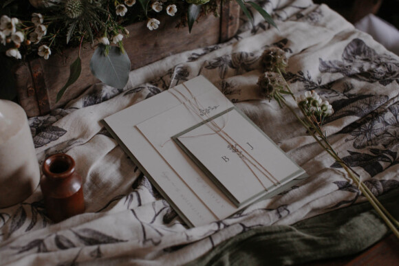 Eco-friendly wedding invites printed on luxury fleck recycled paper