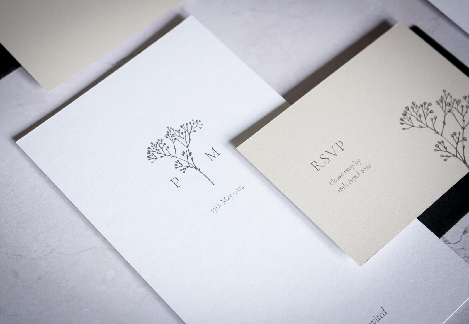 Minimal gypsophila wedding invite eco-friendly recycled paper