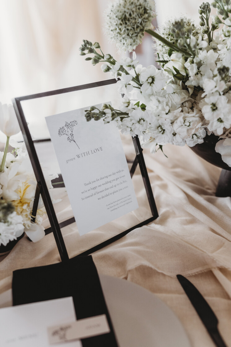 Small wedding signage, tree donation for wedding favour