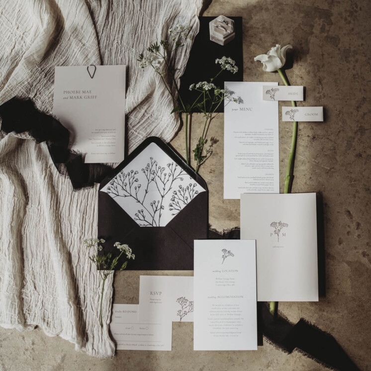 Gypsophila wedding suite, minimal invitation in monotone black and white. Modern wedding invitation