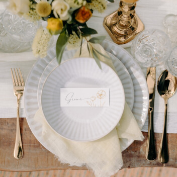 Wedding table place name with grey and yellow