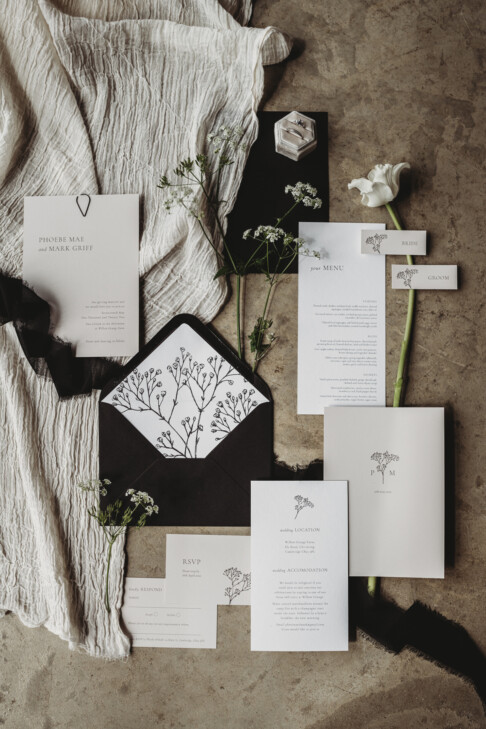 Black and white monotone minimal wedding stationery set with gypsophila wedding stationery set with invitation rsvp and menu