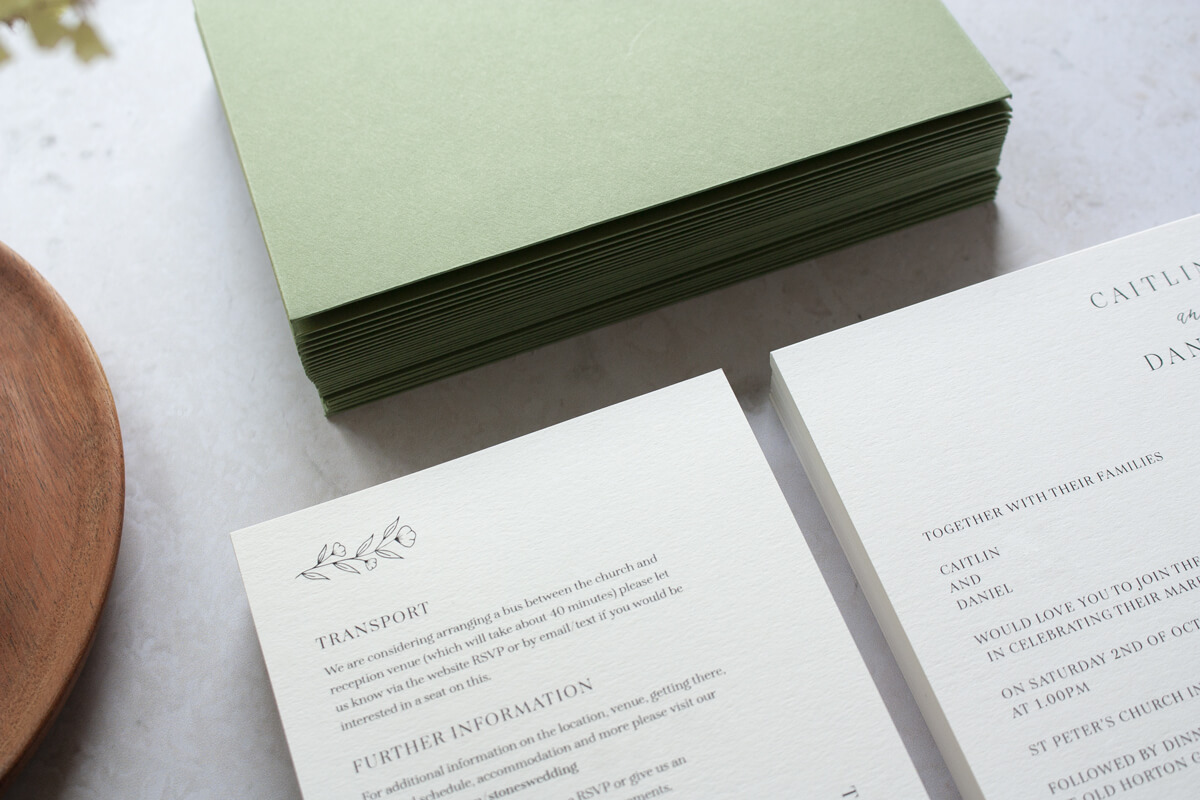 Minimal Wedding invite and detail card with green envelope