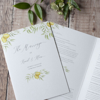 Ellie and Liv Order of service booklet with lemon watercolour