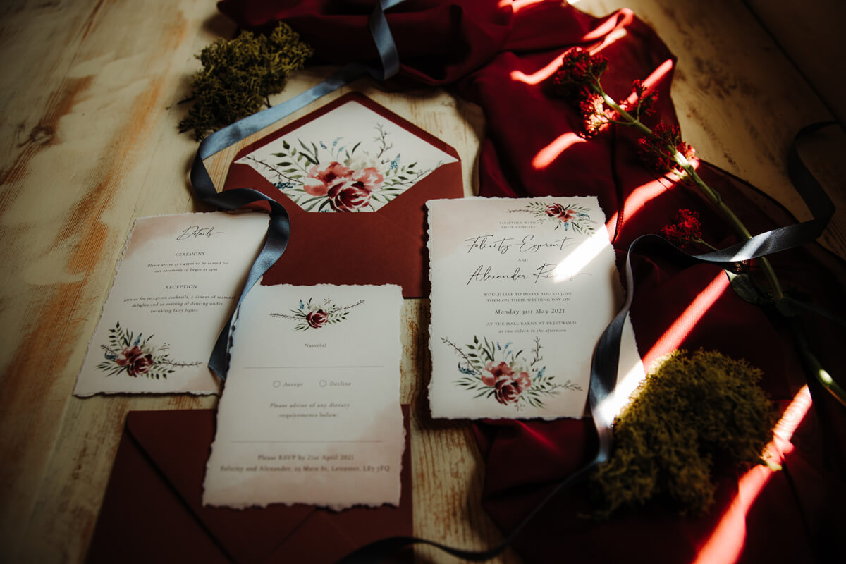 plum wedding invitation set. Floral watercolour invitation