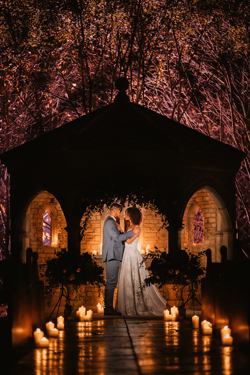 Night photo of bride and groom