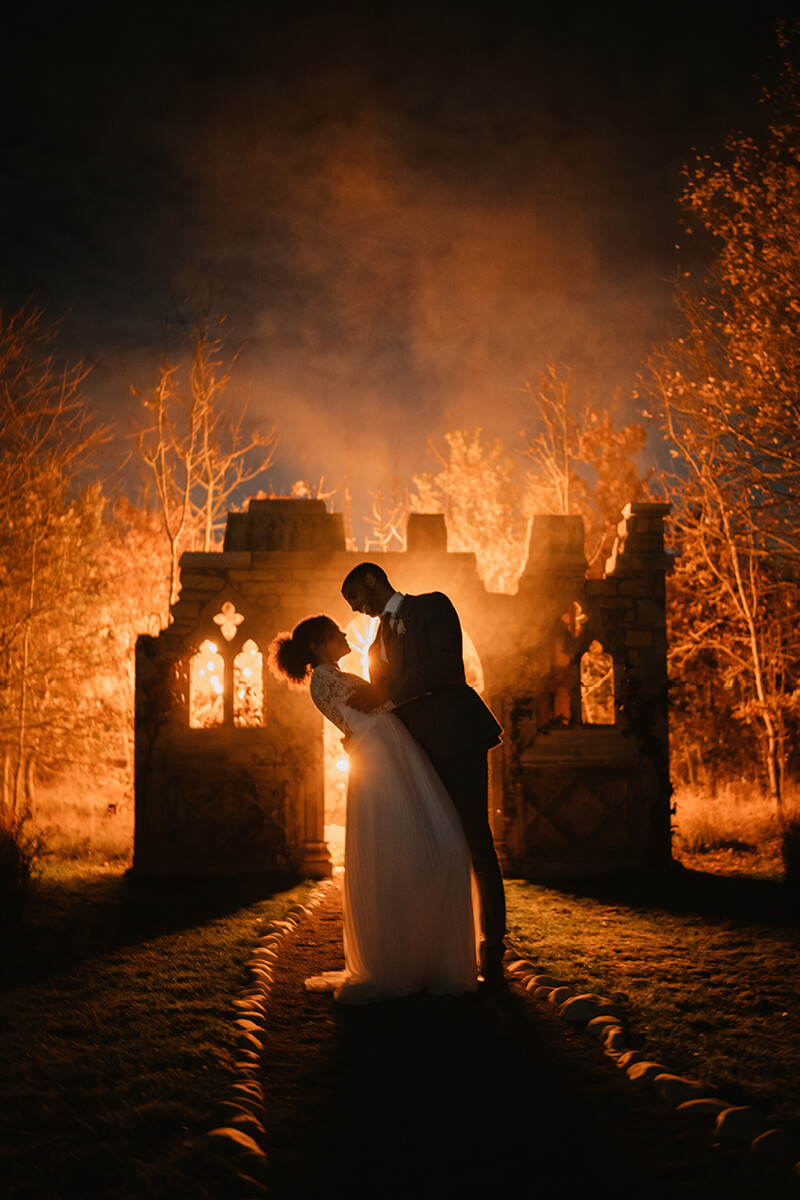 Misty Autumn Photo of Bride and Groom