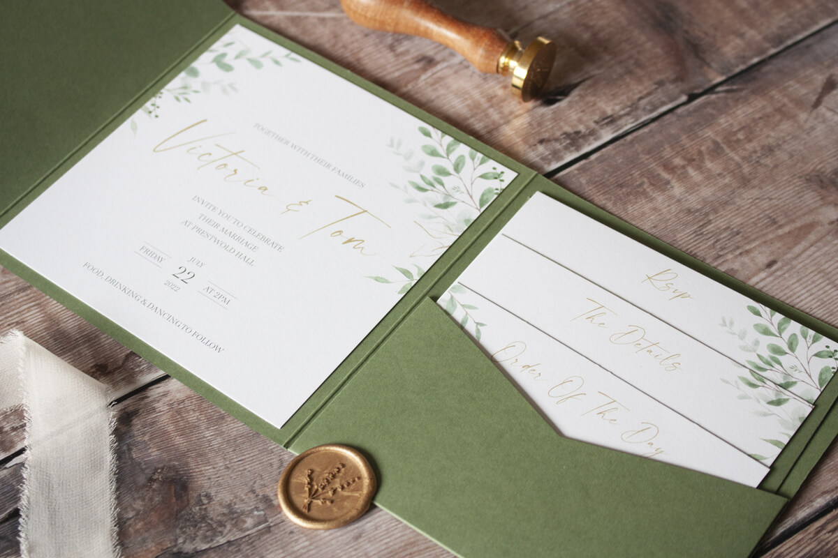 Wedding RSVP in a green wallet with invitation. Eucalyptus wedding invitation set.