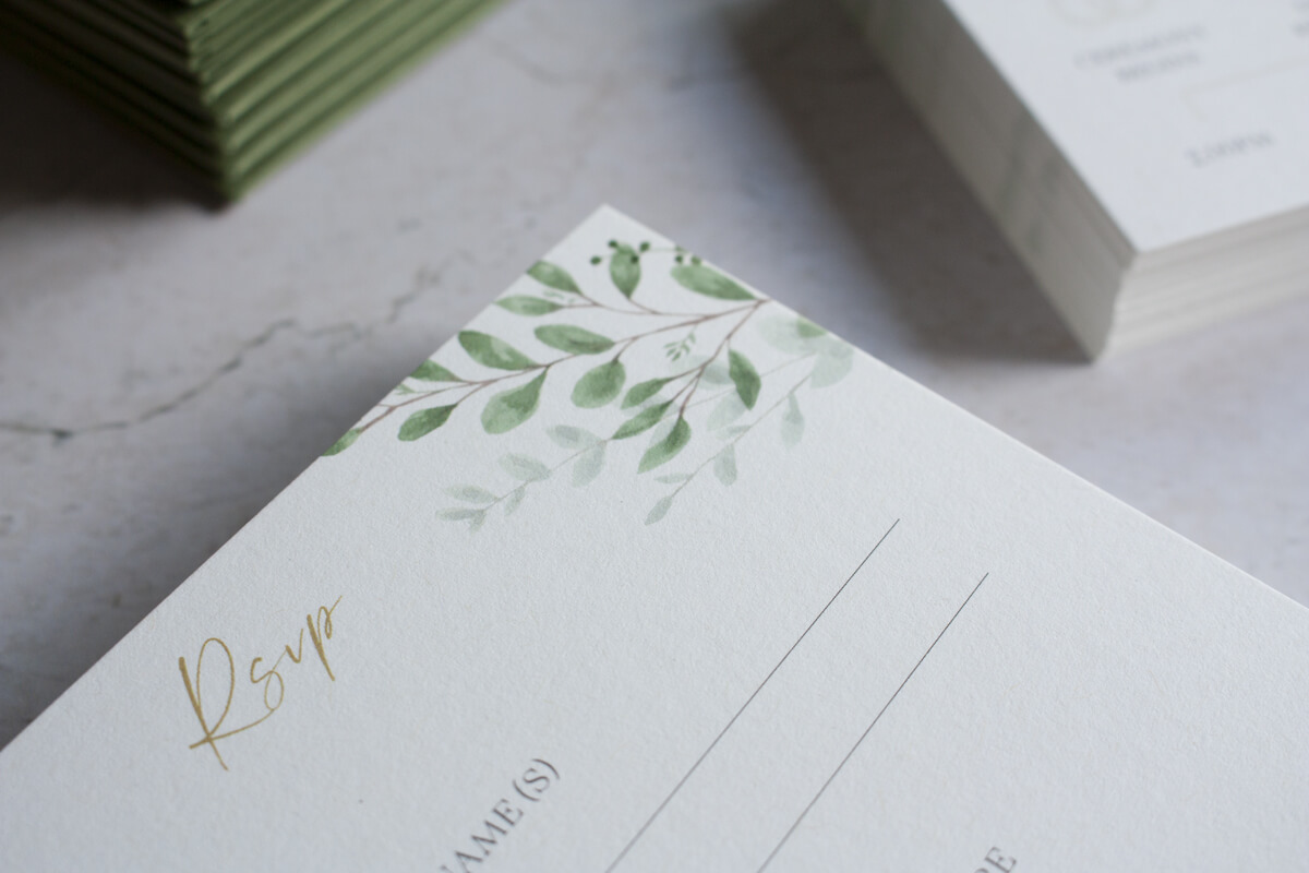 wedding Rsvp wording on eucalyptus wedding set