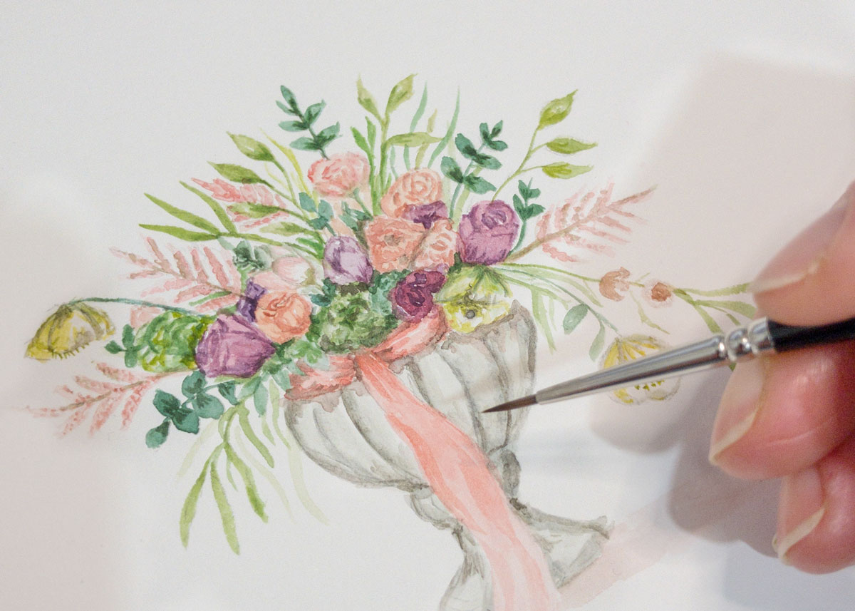 Personalised wedding invitation of watercolour illustration of flowers in a pot by Simone Carr of Ellie and Liv