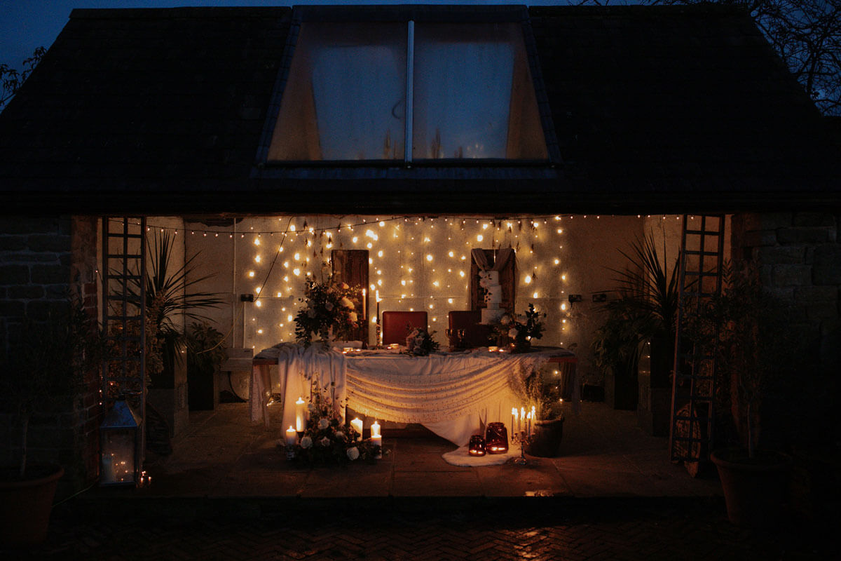 Barlow Woodseats Hall outdoor ceremony area for a cosy winter wedding