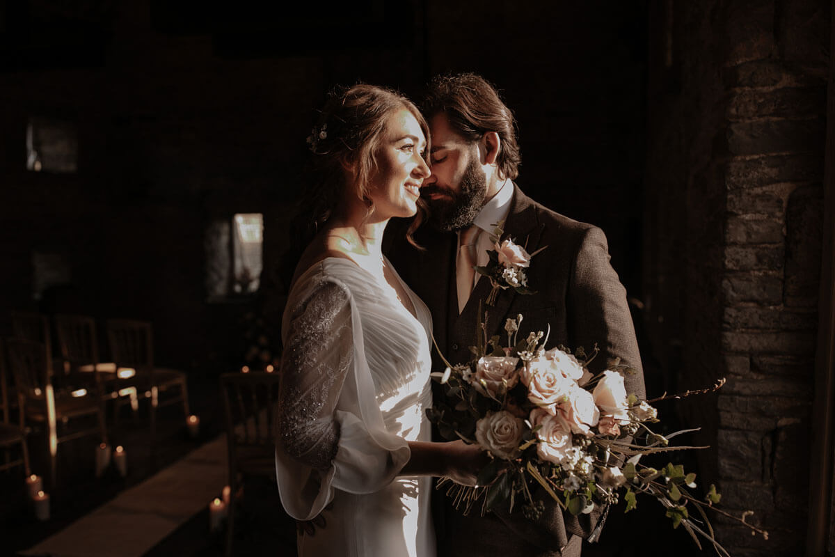 Bride and groom at Woodseats Hall for natured inspired vintage winter wedding