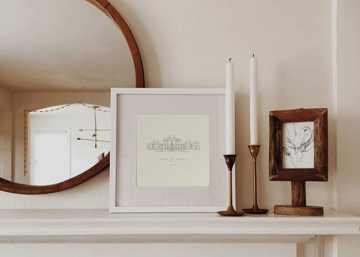 Framed wedding venue illustration for 1st anniversary. Paper anniversary.