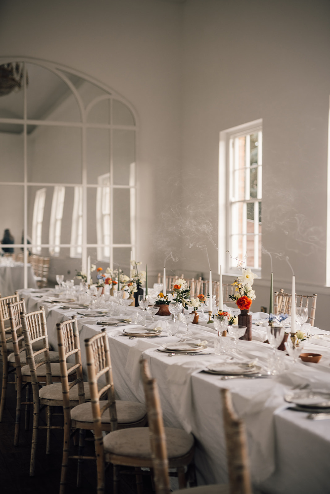 Tablescape for spring wedding in the long gallery at Norwood Park