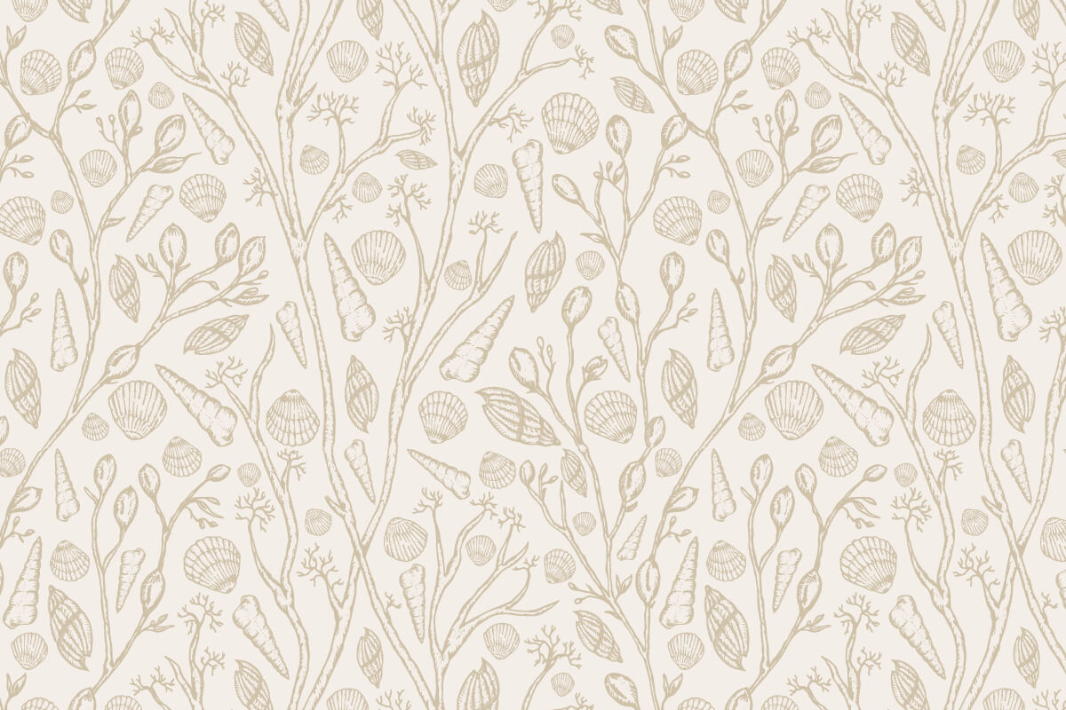 Beachcomber trailing pattern in soft monotones, seaweed and shell wallpaper