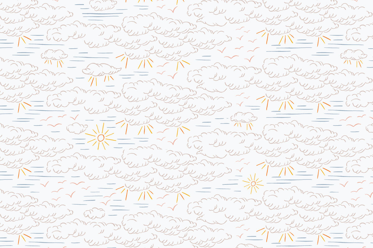 Summer skies cloud and birds line drawing surface patterns