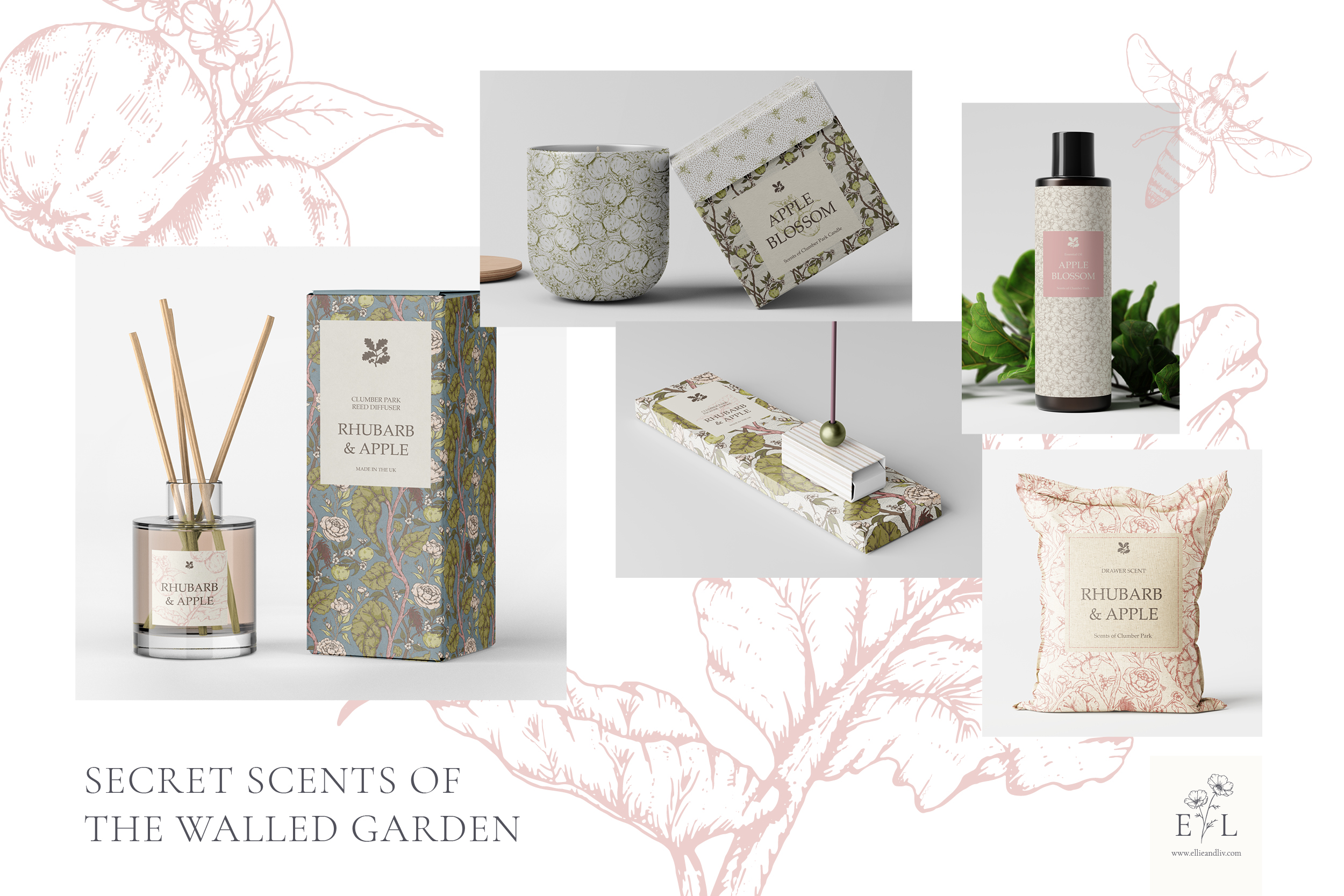 Clumber park pattern collection mockup of home scents for National Trust