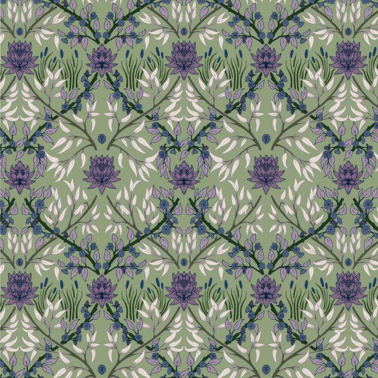 Mask arts and craft inspired damask pattern inspired by the riverside with willow green