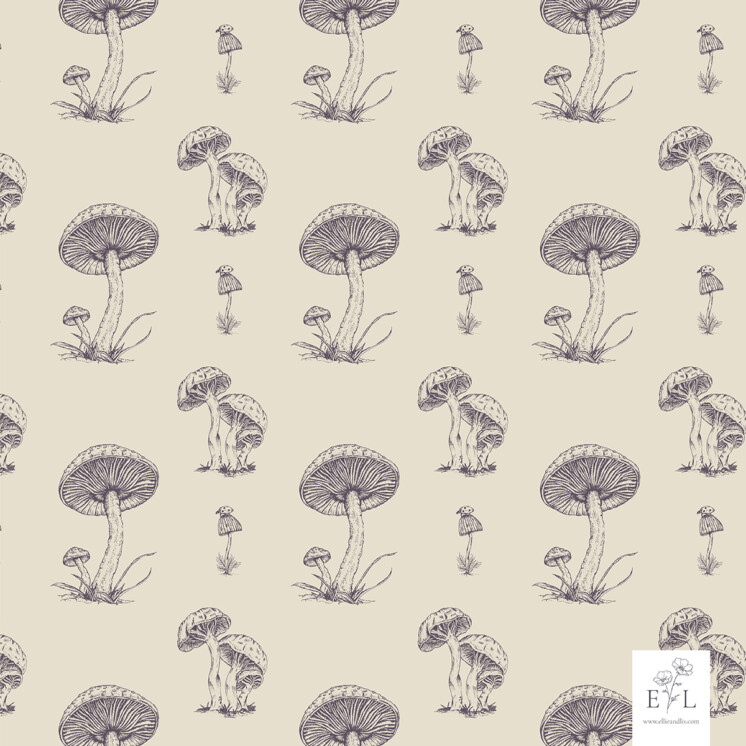 Fine line botanic illustration mushroom repeat pattern. Purple on cream
