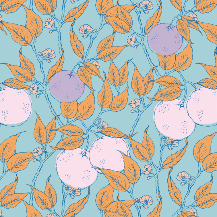 Orange blossom trailing pattern in bright blue orange and pink
