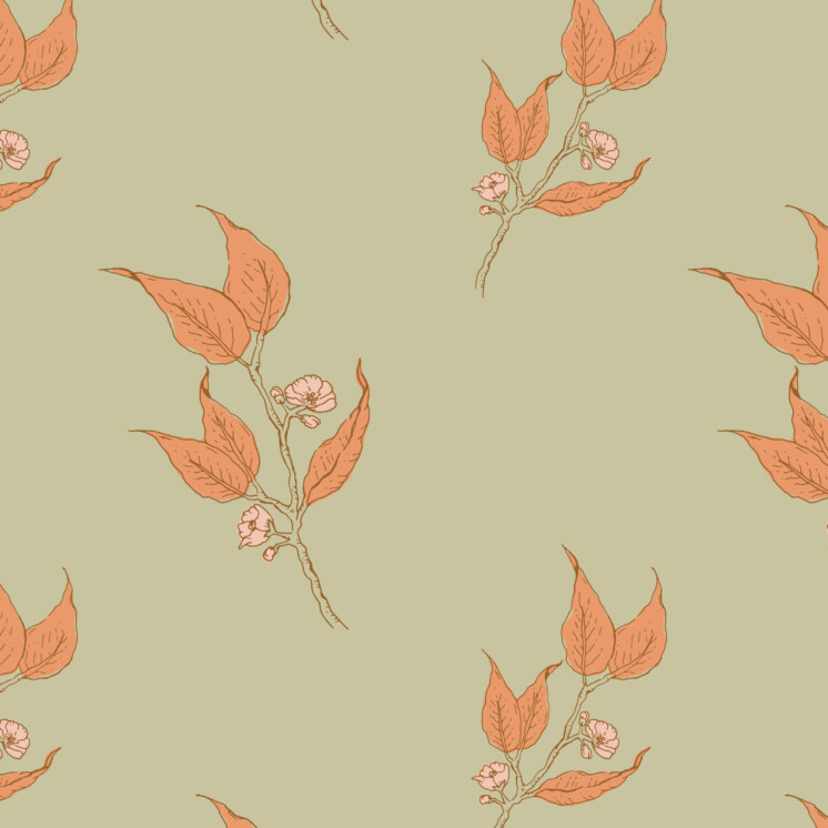 Nature Orange blossom and leaf repeat pattern in green and orange