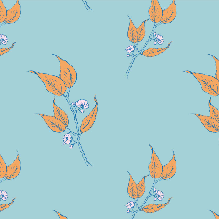 Bright Orange blossom and leaf repeat pattern in blue and orange