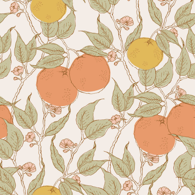 Orange blossom trailing pattern in natural tones with orange green and yellow