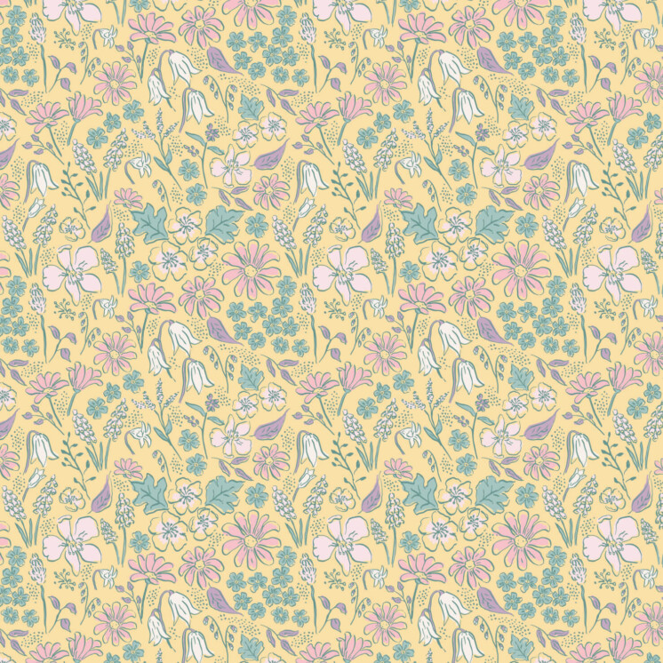 Yellow Ditsy Spring Pattern with bluebells, blossom and forget me nots