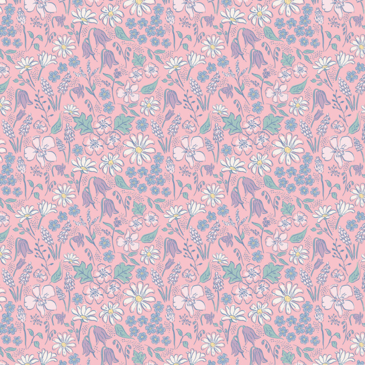 Pink Ditsy Spring Pattern with bluebells, blossom and forget me nots