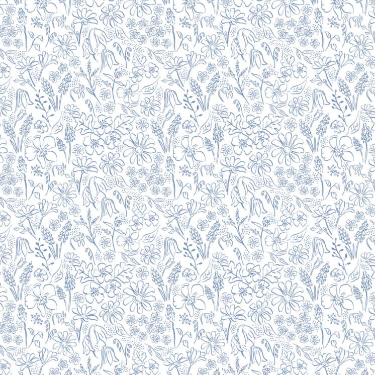 Blue fine line Ditsy Spring Pattern with bluebells, blossom and forget me nots